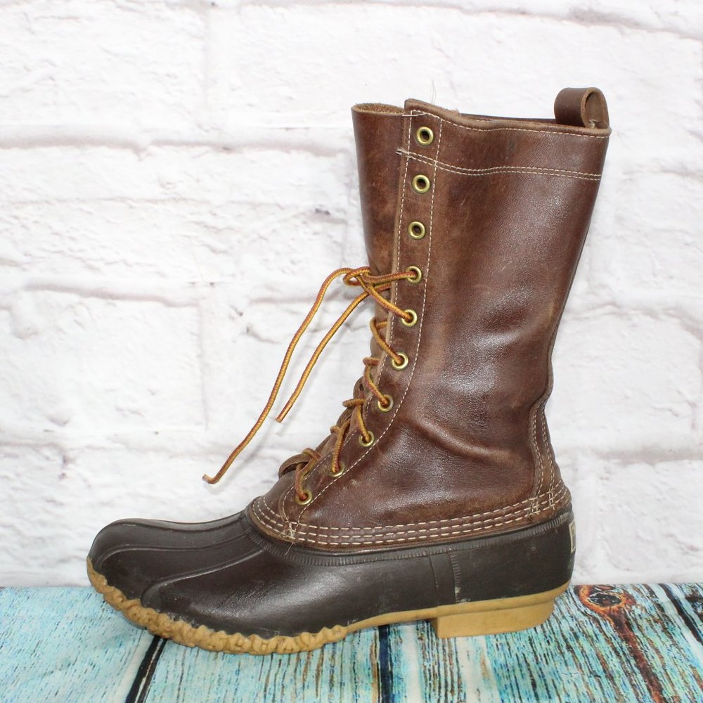 LL BEAN 11" Brown Leather Rubber Unlined Lace-up Ankle Duck Boots M 8 / L 10 - Picture 1 of 8